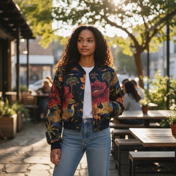 Industry Republic Cropped Bomber Jacket Asian Floral Art Village Bird Small S - Picture 1 of 8